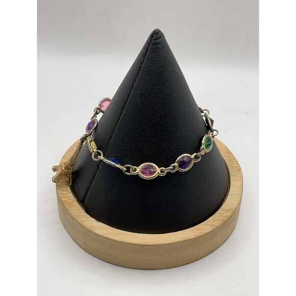 Eiffel Tower Charm Bracelet With Multicolor Gemstones Gold Tone Chain - Picture 2 of 4